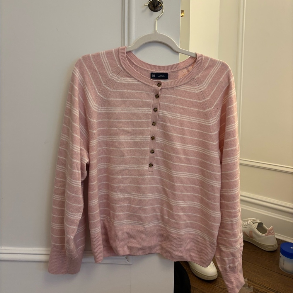 GAP Light Pink and White Striped CashSoft Henley Sweater